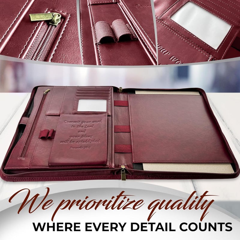 DEHITE Leather Portfolio for Men and Women - Christian Religious Gifts - Padfolio with Laptop Pocket - Letter Size Organizer for Bible Notebook Notepad - Cherry Full Grain Zipper Binder - Image 4